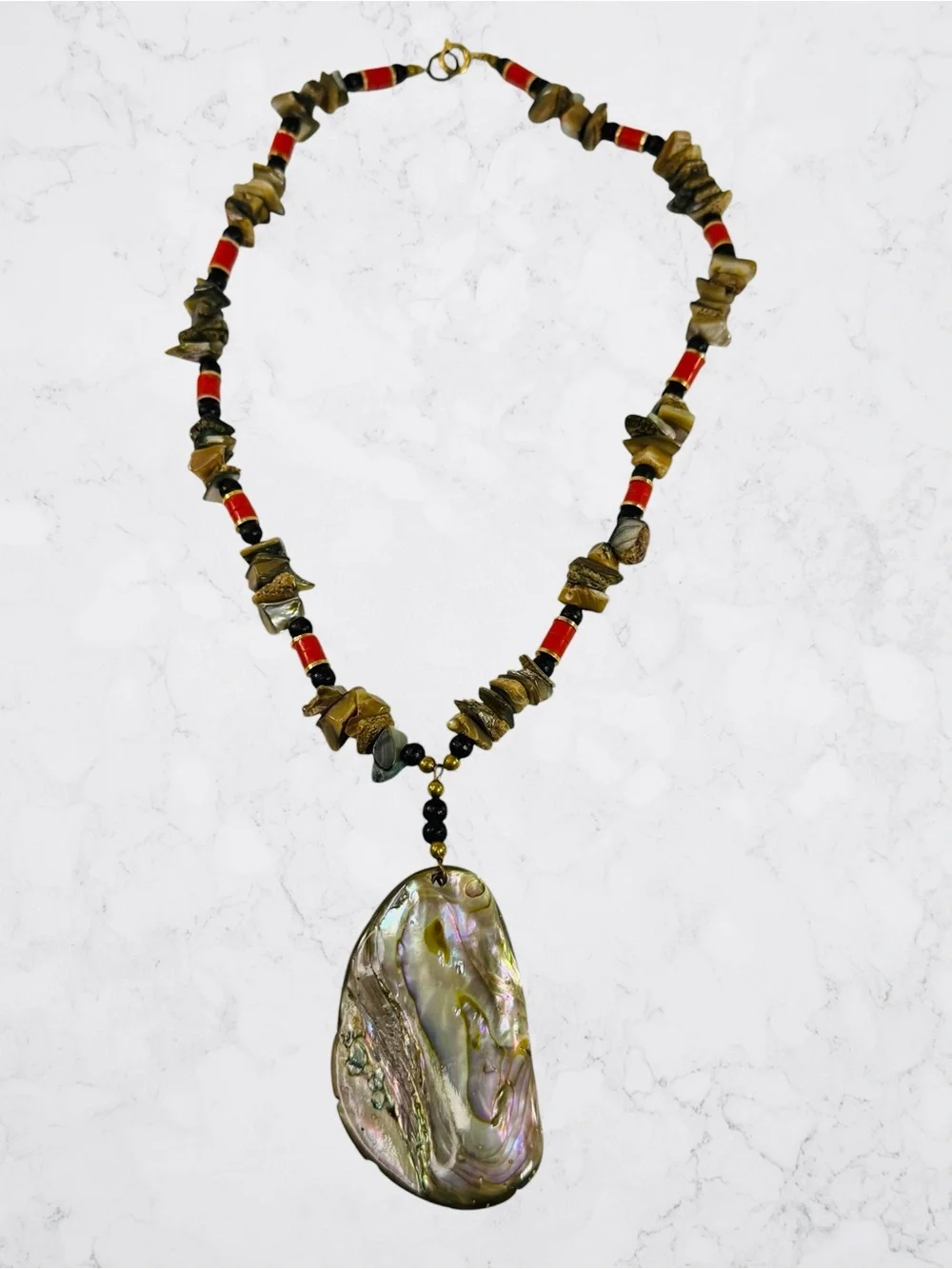 Boho Natural Abalone Shell MOP Statement Necklace Iridescent Chip Beaded 19”